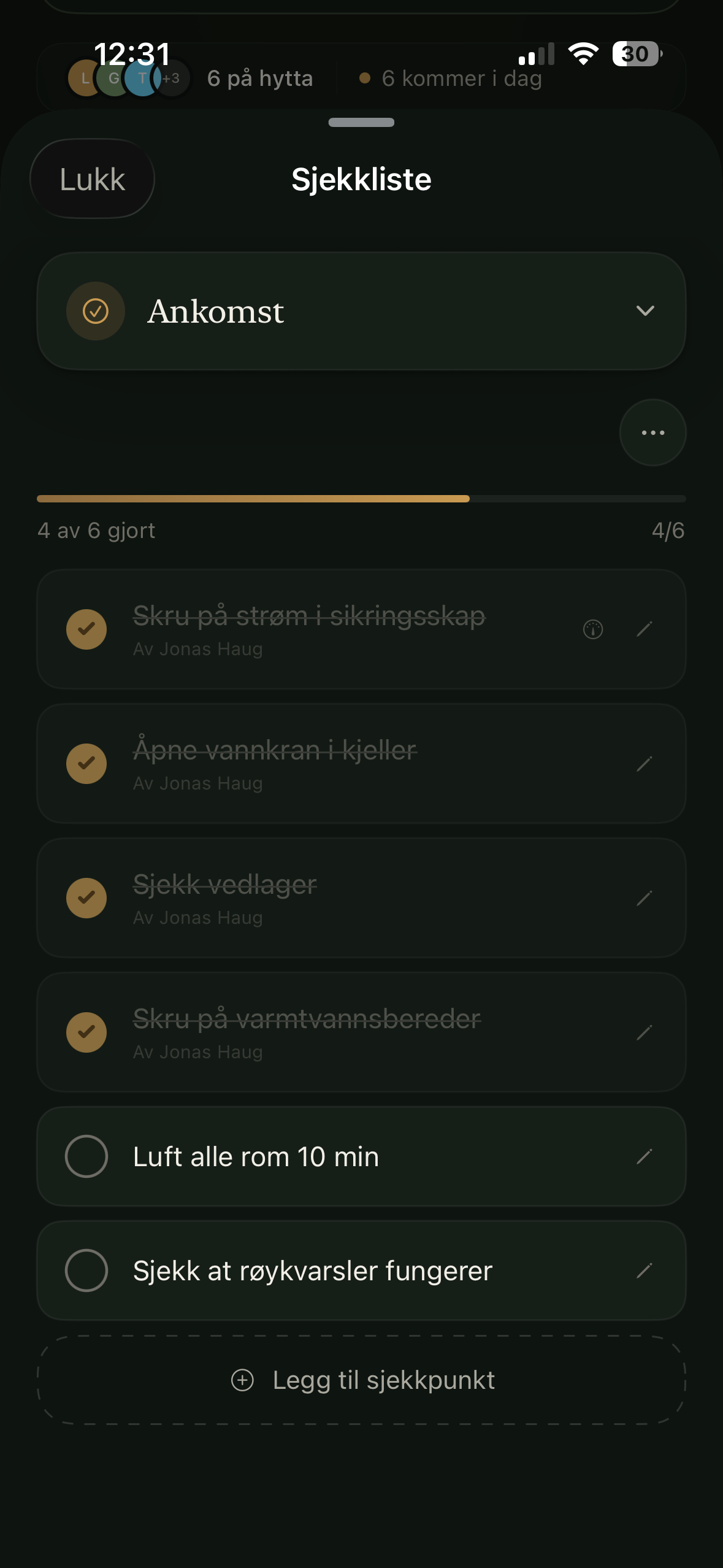 Ankomst-sjekkliste, fire av seks gjort