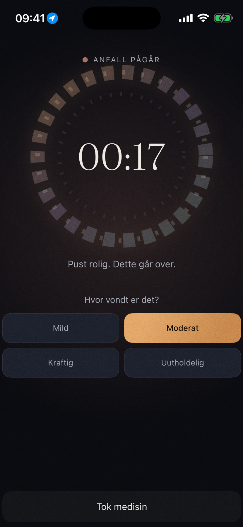 Anfall pågår, med timer og intensitetsvalg