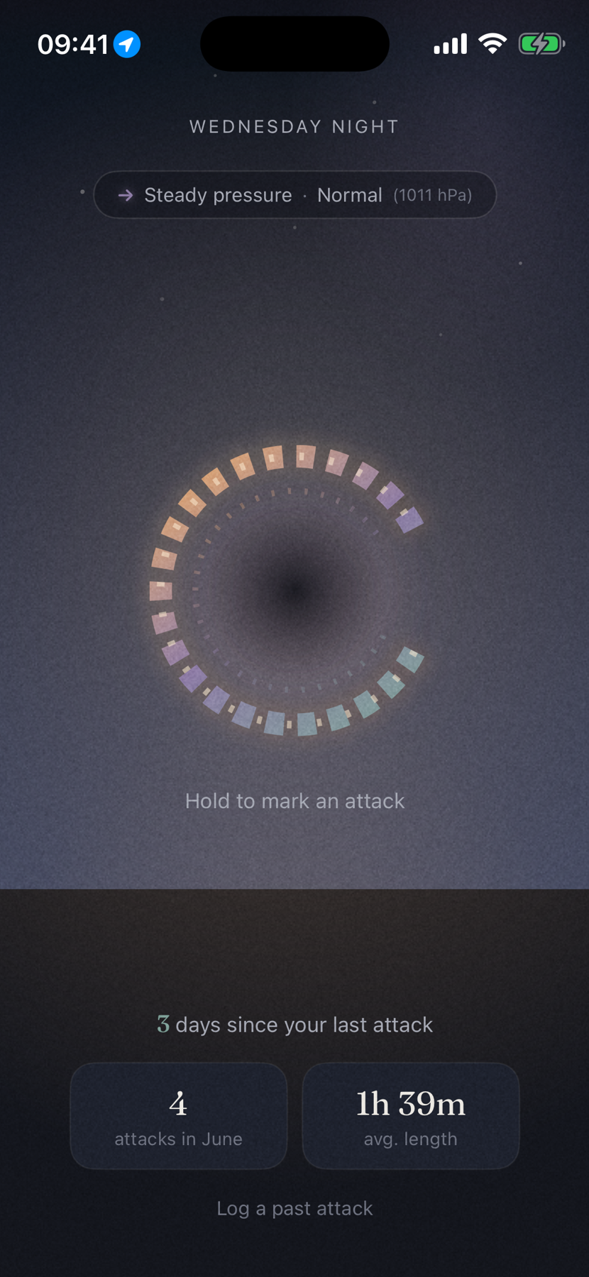 Home screen with the breathing orb for logging attacks