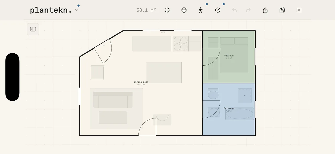 An apartment with a slanted outer wall, drawn as a polygon