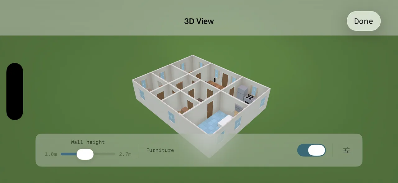 The 3D view from above, with a slider for wall height