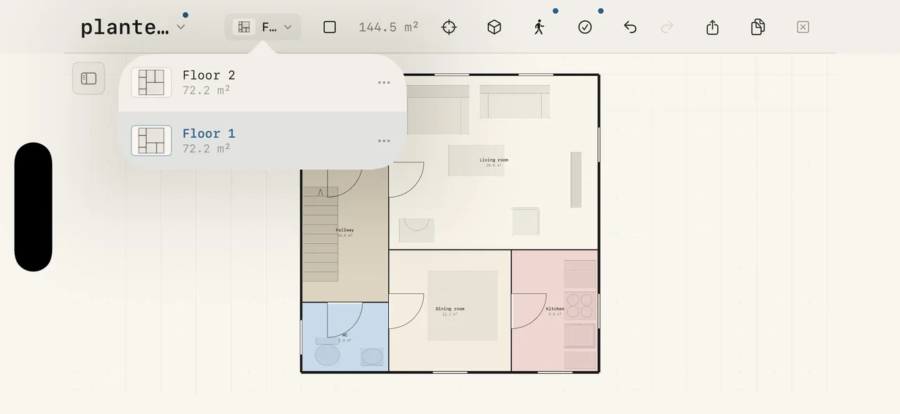 The floor picker open, with a thumbnail and area for each level